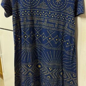LuLaRoe Yellow and Blue Patterned High low Carly Dress with pocket